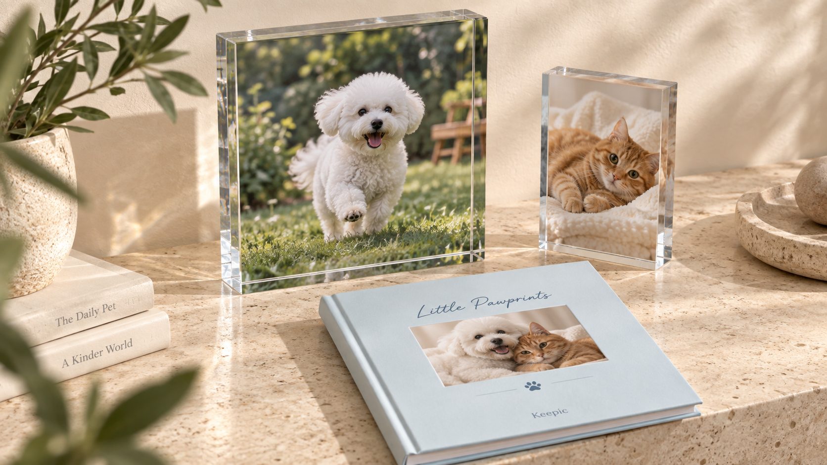 강아지와 고양이 사진이 담긴 아크릴 액자와 포토북